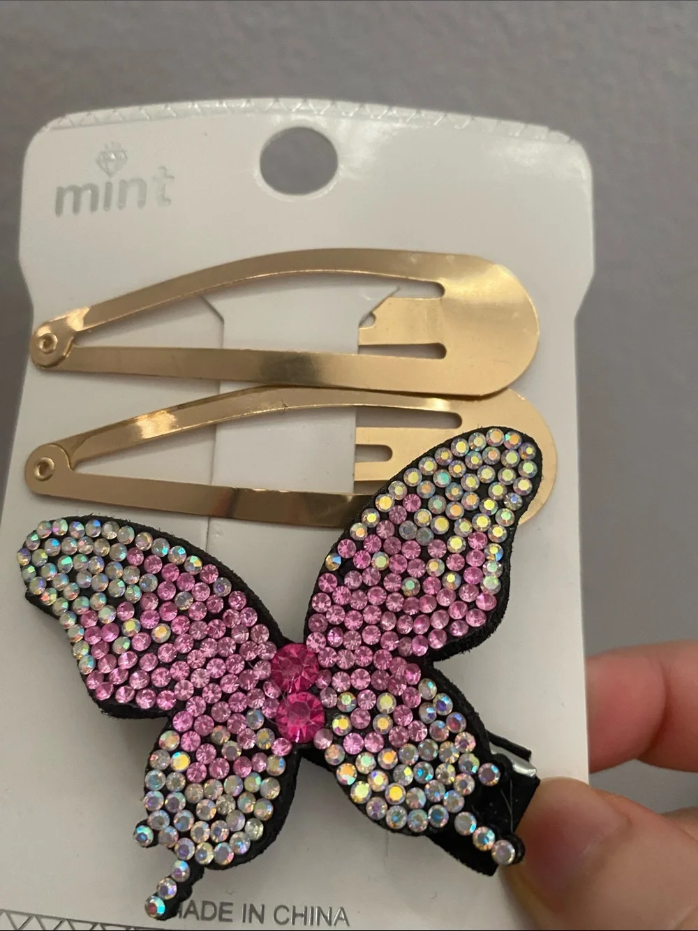 Mint Pink & Iridescent Rhinestone Butterfly Clip Set